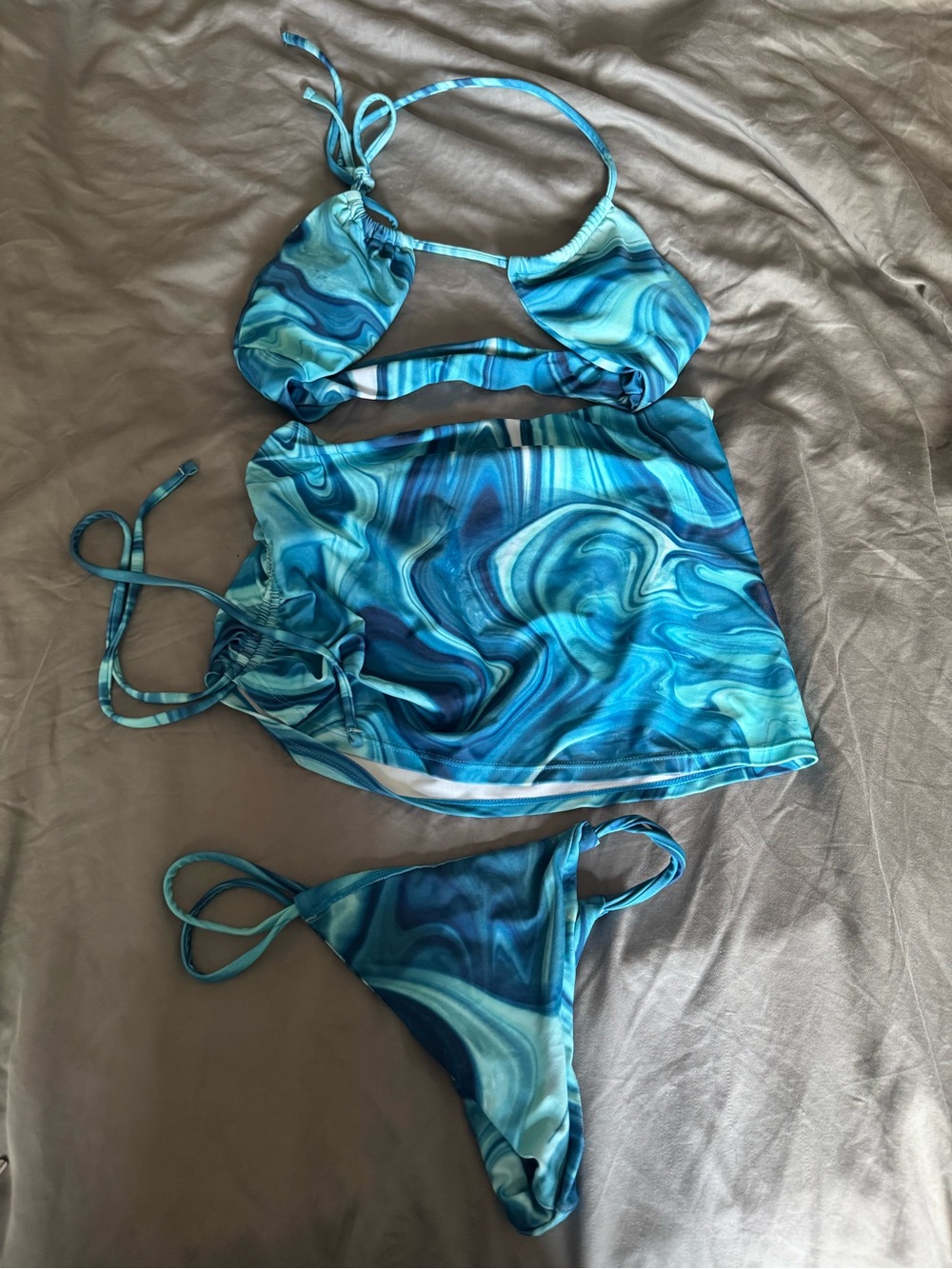 Blue Marble 3-Piece Bikini Set with Sarong Skirt Size Small